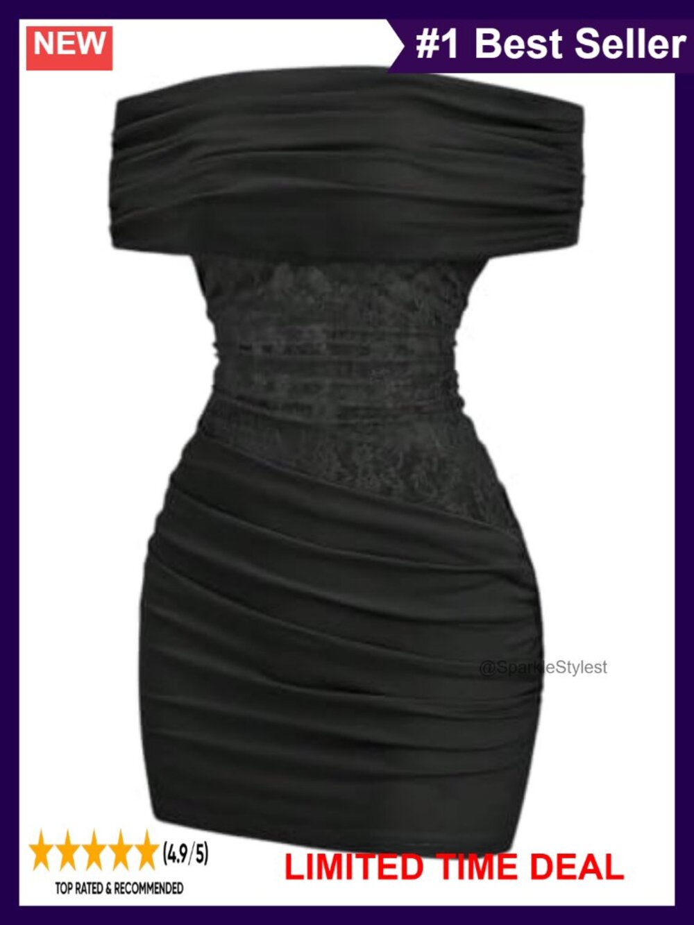 Lace Patchwork Off Shoulder Bodycon Mini Dress Short Sleeve Ruched Party